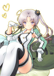 Rule 34 | 10s, 1girl, ahoge, akitsushima (kancolle), armpit cutout, bridal garter, buttons, chize, clothing cutout, double-breasted, earrings, gloves, hat, heart, holding, holding own hair, jacket, jewelry, kantai collection, looking at viewer, military, military uniform, mini hat, miniskirt, nishikitaitei-chan, pillow, pleated skirt, purple eyes, purple hair, side ponytail, silver hair, sitting, skirt, smile, solo, thighhighs, uniform, white background, white gloves