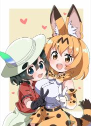 Rule 34 | 2girls, animal ears, bad id, bad pixiv id, black eyes, black gloves, black hair, blonde hair, bow, bowtie, brown background, brown eyes, commentary request, elbow gloves, extra ears, gloves, grey headwear, grey shorts, hat feather, heart, helmet, high-waist skirt, hug, kaban (kemono friends), kemono friends, looking at viewer, miniskirt, multiple girls, nekonyan (inaba31415), open mouth, outside border, pith helmet, print bow, print bowtie, print gloves, print skirt, red shirt, serval (kemono friends), serval print, shirt, short hair, shorts, skirt, sleeveless, sleeveless shirt, smile, standing, t-shirt, tail, v, white shirt, yellow bow, yellow bowtie, yellow gloves, yellow skirt