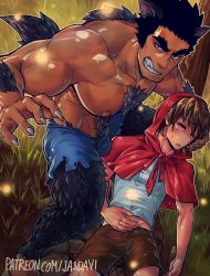 Rule 34 | 2boys, arm hair, bara, beard, black hair, brown pants, bulge, chest hair, claw pose, dark-skinned male, dark skin, denim, facial hair, fingernails, forked eyebrows, fur, hairy, jasdavi, jeans, kemonomimi mode, large pectorals, leg hair, little red (studioqube), little red riding hood, looking at viewer, luca (jasdavi), male focus, mature male, monster boy, multiple boys, muscular, muscular male, nipples, noah (jasdavi), original, pants, pectorals, sharp fingernails, short hair, sideburns, stubble, tail, thick eyebrows, thighs, topless male, torn clothes, torn pants, uncensored, wolf boy, wolf tail