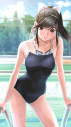 Rule 34 | 1girl, brown eyes, brown hair, competition school swimsuit, goggles, goggles around neck, long hair, love plus, mino tarou, one-piece swimsuit, ponytail, pool, pool ladder, ribbon, school swimsuit, solo, swimsuit, takane manaka