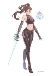Rule 34 | 1girl, absurdres, black gloves, black hair, black pants, blue eyes, boots, breasts, commission, elbow gloves, final fantasy, final fantasy xiv, full body, gloves, hair between eyes, high heel boots, high heels, highres, holding, holding sword, holding weapon, hyur, long hair, looking at viewer, medium breasts, midriff, navel, pants, pixiv commission, ponytail, red mage (final fantasy), shiro-hane, solo, sword, thigh boots, thighhighs, tight clothes, tight pants, warrior of light (ff14), weapon, white background