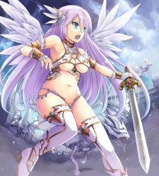 Rule 34 | 1girl, aqua eyes, armor, armpits, bikini armor, boots, breasts, dragon, feathers, female focus, fingerless gloves, gloves, gradient background, kay (utd), large breasts, navel, open mouth, original, purple hair, solo, sword, teeth, thigh boots, thighhighs, underboob, underwear, weapon, white thighhighs, wings