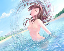Rule 34 | 1girl, atomix, beach, breasts, brown hair, closed eyes, cloud, day, dutch angle, island, long hair, medium breasts, nipples, nude, ocean, open mouth, original, outdoors, partially submerged, revision, sky, solo, splashing, text focus, water, watermark, web address