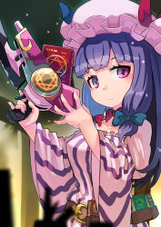 Rule 34 | 1girl, belt, book, brown belt, dress, hashiro, hat, holding, holding weapon, long hair, long sleeves, mob cap, patchouli knowledge, pink dress, pink hat, purple eyes, purple hair, sidelocks, solo, striped clothes, striped dress, touhou, upper body, vertical-striped clothes, vertical-striped dress, weapon, wide sleeves