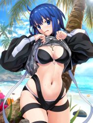 1girl absurdres ahoge beach bikini bikini_under_clothes black_bikini black_jacket blue_eyes blue_hair blue_sky blush breasts c.i.e.l_(fate) ciel_(tsukihime) clothes_lift cropped_jacket cross cross_necklace dress_swimsuit fate/grand_order fate_(series) grey_one-piece_swimsuit harukey highres jacket jewelry large_breasts long_sleeves looking_at_viewer navel necklace one-piece_swimsuit open_mouth palm_tree shore short_hair sky solo swimsuit thighs tree tsukihime