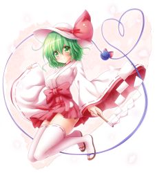 Rule 34 | 1girl, alternate costume, blush, commentary request, eyes visible through hair, full body, gohei, green eyes, hair between eyes, hat, heart, heart of string, highres, japanese clothes, komeiji koishi, long sleeves, looking at viewer, nontraditional miko, osashin (osada), pink skirt, pleated skirt, ribbon-trimmed sleeves, ribbon trim, sandals, short hair, skirt, sleeves past wrists, smile, solo, thighhighs, third eye, touhou, white thighhighs, wide sleeves
