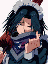 1boy alternate_costume bandana bandana_around_neck closed_umbrella covered_mouth curtained_hair enmaided feitan_portor finger_heart furrowed_brow hands_up head_tilt highres holding holding_umbrella hunter_x_hunter light_smile long_sleeves maid male_focus parted_lips portrait sanpaku simple_background sleeve_cuffs solo straight-on teeth thicopoyo umbrella white_background