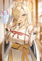 Rule 34 | 1girl, absurdres, blonde hair, blue archive, blurry, blurry background, breasts, chise (blue archive), chungla, detached sleeves, eyes visible through hair, hair over one eye, hairband, halo, highres, japanese clothes, kaho (blue archive), kimono, large breasts, long hair, looking at viewer, mole, mole under mouth, open mouth, orange hairband, smile, solo, white kimono, white sleeves, wide sleeves, yellow eyes