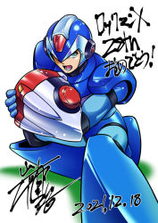 Rule 34 | 1boy, android, arm cannon, armor, blue armor, commentary, dated, full body, green eyes, helmet, lower teeth only, male focus, mega man (series), mega man x (series), on one knee, open mouth, robot, shadow, shiny armor, signature, simple background, solo, squatting, teeth, weapon, werou, white background, x (mega man)