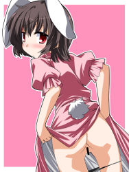 Rule 34 | 1girl, animal ears, ass, black hair, blush, censored, clothes lift, dress, dress lift, female focus, from behind, hemogurobin a1c, hemogurobina1c, inaba tewi, looking back, panties, panty pull, pink background, pink panties, pussy, rabbit ears, rabbit girl, rabbit tail, red eyes, short hair, simple background, solo, tail, touhou, underwear