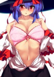 Rule 34 | 1girl, backlighting, bad id, bad pixiv id, bare shoulders, blue hair, blush, bra, breasts, cleavage, collarbone, hat, hat ribbon, highres, large breasts, looking at viewer, nagae iku, navel, off shoulder, open clothes, open mouth, open shirt, pink bra, red eyes, ribbon, shirt, skirt, solo, sousakubito, touhou, underwear
