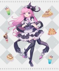 Rule 34 | 1girl, :d, apron, back bow, black bow, black dress, black thighhighs, blueberry, bow, cherry, chocolate, corset, crystal, cup, dress, drinking straw, floating hair, food, footwear bow, frilled dress, frilled gloves, frills, fruit, gloves, hair between eyes, hair bow, heart, heart hands, honey, jewelry, long hair, looking at viewer, lunaticmed, maid, maid apron, maid headdress, mary janes, open mouth, original, parfait, patterned background, pink eyes, pink hair, pinstripe pattern, purple corset, purple footwear, raised eyebrows, shoes, sidelocks, simple background, smile, standing, standing on one leg, strawberry, sweets, thighhighs, waffle, white gloves