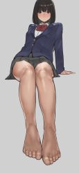 Rule 34 | 1girl, absurdres, arm support, barefoot, black hair, black skirt, blazer, blush, bow, brown eyes, collared shirt, feet, foot focus, highres, jacket, leaning back, legs, legs together, looking at viewer, original, parted lips, pleated skirt, red bow, school uniform, shirt, sitting, skirt, solo, toes, white shirt, yomu (sgt epper)