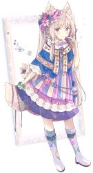 Rule 34 | 1girl, absurdres, animal ear fluff, animal ears, blue capelet, blue flower, blue rose, blush, boots, bubble pipe, capelet, closed mouth, commentary, dress, flower, full body, grey footwear, hair between eyes, hair flower, hair ornament, highres, holding, knee boots, light brown hair, long hair, looking at viewer, multicolored clothes, multicolored dress, original, pink flower, pink rose, purple eyes, red flower, red rose, rose, smile, solo, standing, symbol-only commentary, tail, tsukiyo (skymint), twintails, very long hair