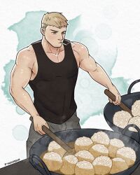 Rule 34 | 1boy, bara, black tank top, blonde hair, cigarette, cooking, dual wielding, dungeon meshi, feet out of frame, holding, laios touden, male focus, muscular, muscular male, pants, pectoral cleavage, pectorals, short hair, sidepec, smoking, solo, tank top, taogebear, undercut, wok