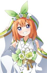 Rule 34 | 1girl, blue eyes, blush, bow, dress, flower, frilled bracelet, go-toubun no hanayome, green bow, green hat, hand up, haru (konomi 150), hat, hat flower, head tilt, highres, japanese clothes, leaf, long sleeves, looking at viewer, multicolored clothes, multicolored hat, nakano yotsuba, orange hair, short hair, simple background, sleeves past wrists, smile, solo, teeth, white background, white dress, white hat