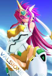 Rule 34 | 1girl, armor, artist request, banpresto, blush, breasts, circlet, cloud, crossed arms, day, covered erect nipples, green eyes, huge breasts, long hair, mecha musume, pink hair, sky, smile, solo, super robot wars, super robot wars the lord of elemental, thighhighs, valsione, valsione r