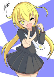 Rule 34 | 1girl, artist request, blonde hair, crescent, crescent pin, highres, kantai collection, long hair, one-hour drawing challenge, one eye closed, satsuki (kancolle), school uniform, serafuku, signature, smile, solo, twintails, v, yellow eyes