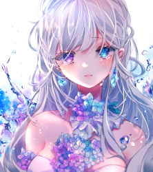 Rule 34 | 1girl, bad id, bad pixiv id, bare shoulders, blue eyes, blue flower, chigiri kurenai, collarbone, commentary request, crying, dress, earrings, face, flower, flower earrings, heterochromia, highres, hydrangea, jewelry, long hair, looking at viewer, original, parted lips, purple eyes, purple flower, strapless, strapless dress, tears, water drop, white background, white dress, white hair