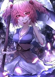Rule 34 | 1girl, 33 gaff, breasts, cleavage, coin, full moon, grin, hair between eyes, hair bobbles, hair ornament, holding, holding scythe, looking at viewer, moon, obi, onozuka komachi, red eyes, red hair, sash, scythe, short hair, short sleeves, smile, solo, touhou, two side up