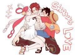 Rule 34 | 1girl, 2boys, :3, abs, age difference, artist request, black hair, blush, breasts, carrying, dress, english text, facial hair, father and daughter, grin, happy, hat, headphones, highres, hug, laughing, leg lock, long hair, looking at another, monkey d. luffy, multicolored hair, multiple boys, muscular, muscular male, one piece, one piece film: red, red hair, scar, scar across eye, shanks (one piece), short hair, simple background, smile, straw hat, two-tone hair, uta (one piece), very long hair, white background, white dress
