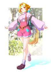 Rule 34 | 1girl, absurdres, alternate costume, backpack, bag, blue bow, blush, border, bow, brown footwear, clenched hand, fiona (zoids), hair bow, highres, ibuki sakura (sgw v07), looking to the side, open hand, overall shorts, overalls, pink overalls, pink shorts, purple sweater, red eyes, shadow, shoes, shorts, smile, solo, sweater, turtleneck, turtleneck sweater, walking, white border, zoids, zoids chaotic century