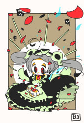 Rule 34 | 1girl, apron, bloody marie (skullgirls), brooch, brown background, chibi, dress, frilled apron, frilled dress, frills, grey hair, hassan83, highres, jewelry, maid headdress, open mouth, petals, red hair, skull, skullgirls, smile, solo, twintails