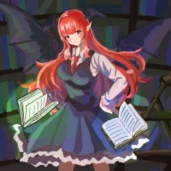 Rule 34 | 1girl, blush, book, bookshelf, breasts, head wings, highres, holding, holding book, koakuma, large breasts, long hair, long sleeves, looking at viewer, necktie, one-hour drawing challenge, pointy ears, red eyes, red hair, red necktie, shirt, sketch book27, skirt, solo, touhou, vest, wings