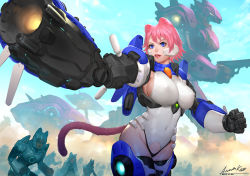 Rule 34 | animal ears, ariverkao, armor, battle, blue eyes, breasts, cat ears, cat tail, covered navel, day, gun, large breasts, leotard, lips, mecha, multiple boys, multiple girls, original, pink hair, robot, short hair, signature, skin tight, sky, solo focus, tail, thighhighs, weapon