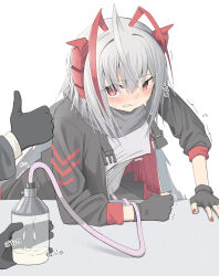 Rule 34 | 1girl, 1other, absurdres, anger vein, antenna hair, arknights, black gloves, black jacket, blush, bottle, clenched hand, clenched teeth, commentary request, doctor (arknights), fingerless gloves, gloves, highres, holding, holding bottle, horns, hose, jacket, lactation, long sleeves, milk, multicolored hair, official alternate costume, out of frame, red eyes, red hair, red horns, red nails, shirt, teeth, thumbs up, translation request, two-tone hair, w (arknights), white hair, white shirt, yuuko (oruta)