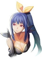 Rule 34 | 1girl, bare shoulders, blue hair, boots, breasts, dizzy (guilty gear), guilty gear, guilty gear 2, hair ribbon, large breasts, long hair, ookami ryousuke, ponytail, red eyes, ribbon, sidelocks, smile, solo, upper body, wings