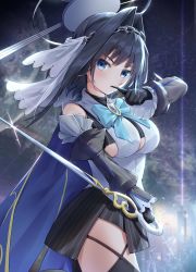Rule 34 | 1girl, asymmetrical clothes, black gloves, blue cape, blue hair, blue ribbon, breasts, cape, chain, cleavage cutout, clothing cutout, detached sleeves, gloves, hair intakes, halo, headband, heart-shaped gem, highres, hololive, hololive english, large breasts, mechanical halo, ouro kronii, ouro kronii (1st costume), ribbon, sailor collar, shirt, short hair, sleeveless, sleeveless shirt, solo, sweater, turtleneck, turtleneck sweater, underboob, veil, virtual youtuber, wolfgang (paul94104875), zipper