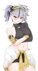 Rule 34 | 1girl, arms under breasts, black shirt, black shorts, blush, breasts, cain lk, clothes around waist, crop top, drilley (nikke), earrings, gloves, goddess of victory: nikke, grey hair, jacket, jacket around waist, jewelry, medium breasts, midriff, multicolored hair, navel, purple eyes, purple hair, shirt, short twintails, shorts, simple background, single sleeve, solo, streaked hair, twintails, two-tone hair, white background, yellow gloves
