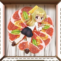 Rule 34 | 1girl, all fours, anzio school uniform, beef, belt, black belt, black footwear, black skirt, blonde hair, blue eyes, bright pupils, carpaccio (girls und panzer), chaki (teasets), chibi, closed mouth, dress shirt, food, from above, from behind, frown, fruit, girls und panzer, in food, leaf, lemon, lemon slice, loafers, long hair, long sleeves, looking back, miniskirt, pantyhose, pleated skirt, school uniform, shirt, shoes, skirt, solo, sweatdrop, white pantyhose, white pupils, white shirt