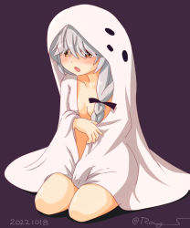 Rule 34 | 1girl, black ribbon, braid, brown eyes, dated, ghost costume, grey hair, hair over eyes, hair ribbon, halloween costume, hamanami (kancolle), kantai collection, long hair, no bra, one-hour drawing challenge, purple background, ray.s, ribbon, single braid, sitting, solo, twitter username, wariza