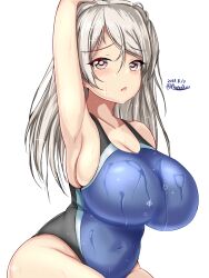 Rule 34 | 1girl, arm up, black one-piece swimsuit, blue one-piece swimsuit, blush, breasts, cleavage, commentary request, competition swimsuit, conte di cavour (kancolle), covered navel, dated, grey eyes, grey hair, highres, kantai collection, large breasts, long hair, looking at viewer, montemasa, one-piece swimsuit, open mouth, sideboob, signature, simple background, solo, swimsuit, wet, white background