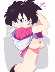 Rule 34 | 1girl, aetherion, angry, arms up, ass, black hair, blue eyes, breasts, breasts out, butt crack, clothes lift, dragon ball, dragonball z, female focus, fingerless gloves, gloves, grabbing own hair, highres, looking at viewer, medium breasts, messy hair, nipples, no bra, shirt lift, short hair, simple background, solo, two-tone background, upper body, v-shaped eyebrows, videl, white background
