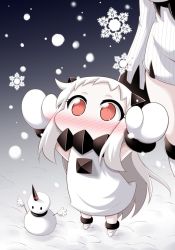 Rule 34 | 10s, 2girls, abyssal ship, blush, chibi, commentary request, covered mouth, dress, female focus, horns, kantai collection, long hair, long sleeves, mittens, multiple girls, northern ocean princess, nose blush, seaport princess, single horn, sleeveless, sleeveless dress, snow, snowflakes, snowman, white dress, white hair, yamato nadeshiko