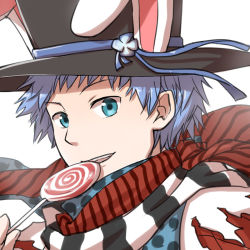 Rule 34 | 1boy, animal ears, argyle, argyle clothes, argyle coat, black hat, black scarf, blue eyes, blue hair, blue scarf, candy, coat, commentary request, fake animal ears, food, hat, holding, holding candy, holding food, holding lollipop, lollipop, looking at viewer, male focus, minstrel (ragnarok online), natsuya (kuttuki), open mouth, polka dot, polka dot scarf, rabbit ears, ragnarok online, red coat, red scarf, scarf, short hair, simple background, smile, solo, striped clothes, striped scarf, top hat, upper body, white background, white scarf