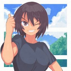 1girl azumanga_daiou blue_sky bob_cut breasts brown_eyes brown_hair cloud cloudy_sky grin highres inkerton-kun kagura_(azumanga_daioh) looking_at_viewer medium_breasts one_eye_closed shirt short_hair sky smile solo t-shirt teeth thumbs_up tree