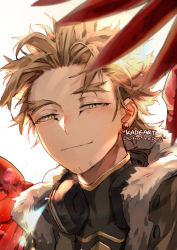 Rule 34 | 1boy, artist name, blurry, blurry foreground, bokeh, boku no hero academia, close-up, closed mouth, depth of field, earrings, facial hair, forehead, fur trim, goatee, gold trim, hawks (boku no hero academia), headphones, jewelry, kadeart, looking at viewer, male focus, short hair, simple background, smirk, solo, spiked hair, stubble, sunlight, symbol-only commentary, thick eyebrows, upper body, white background, wide-eyed, wings, yellow eyes