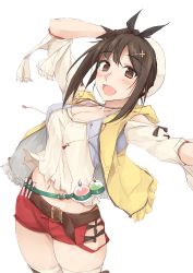 Rule 34 | 1girl, :d, alternate hair color, atelier (series), atelier ryza, atelier ryza 1, breasts, brown eyes, brown hair, cleavage, hair ornament, hairclip, highres, large breasts, looking at viewer, midriff, navel, open mouth, red shorts, reisalin stout, short shorts, shorts, simple background, smile, solo, white background, white headwear, zekkyon