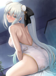 Rule 34 | 1girl, ass, back, bare shoulders, black bow, blue eyes, bow, braid, breasts, china dress, chinese clothes, chuppa (katotsuba), double bun, dress, fate/grand order, fate (series), french braid, grey hair, hair bow, hair bun, indoors, large breasts, long hair, looking at viewer, looking back, morgan le fay (fate), ponytail, sidelocks, sitting, smile, solo, thighs, very long hair, white dress