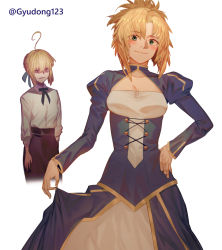 Rule 34 | 2girls, @ (symbol), ahoge, alternate costume, artist name, artoria pendragon (all), artoria pendragon (fate), blonde hair, blue dress, blue neckwear, blush, braid, breasts, character cutout, cleavage cutout, clothing cutout, collarbone, commentary request, dress, expressive hair, fate/grand order, fate (series), green eyes, gyudong123, hair ornament, hair ribbon, highres, long hair, long sleeves, looking at viewer, mordred (fate), mordred (fate/apocrypha), multiple girls, ponytail, puffy sleeves, ribbon, saber (fate), shaded face, shirt, short hair, small breasts, smile, white shirt, yellow eyes