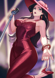Rule 34 | 1girl, absurdres, bare shoulders, bracelet, breasts, brown hair, covered navel, donkey kong (series), dress, earrings, eyeshadow, green eyes, hat, high heels, highres, jewelry, kagematsuri, large breasts, long hair, looking at viewer, makeup, mario (series), microphone, microphone stand, nintendo, open mouth, pauline (mario), red dress, red footwear, red hat, red lips, revision, solo, sun hat, super mario odyssey