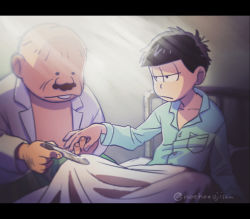 Rule 34 | 10s, 2boys, bed, closed eyes, dekapan, highres, hoehoejisan, jacket, jitome, lab coat, letterboxed, looking at another, looking down, male focus, matsuno ichimatsu, messy hair, multiple boys, open clothes, open jacket, osomatsu-kun, osomatsu-san, osomatsu (series), topless male, twitter username
