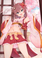 Rule 34 | 1girl, ahoge, blue eyes, brown hair, cherry blossoms, crop top, cropped kimono, detached sleeves, flat chest, highres, hololive, japanese clothes, kimono, long hair, looking at viewer, ma draws, natsuiro matsuri, natsuiro matsuri (new year), navel, official alternate costume, open mouth, pink sleeves, red skirt, skirt, smile, virtual youtuber, white kimono