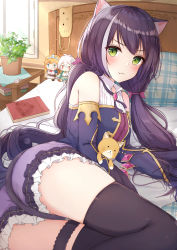 Rule 34 | 1girl, :t, :x, absurdres, animal ear fluff, animal ears, ass, bare shoulders, black hair, black thighhighs, blush, cat ears, cat girl, cat tail, character doll, closed mouth, commentary, green eyes, highres, indoors, karyl (princess connect!), kokkoro (princess connect!), long hair, long sleeves, looking at viewer, low twintails, multicolored hair, pecorine (princess connect!), princess connect!, purple skirt, skirt, solo, streaked hair, stuffed toy, tail, tareme, thighhighs, twintails, two-tone hair, very long hair, white hair, yukiunag1