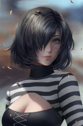 Rule 34 | 1girl, artist name, autumn leaves, black hair, blouse, blue eyes, blurry, blurry background, breasts, chuby mi, cleavage, cleavage cutout, clothing cutout, cross-laced clothes, eyelashes, freckles, hair over one eye, highres, leaf, lips, looking at viewer, medium breasts, original, realistic, shirt, short hair, solo, striped clothes, striped shirt, sunlight, turtleneck, upper body, wind