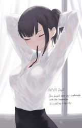 Rule 34 | 1girl, arms behind head, backlighting, black hair, black ribbon, black skirt, blunt bangs, breasts, cait aron, closed eyes, closed mouth, collarbone, collared shirt, commentary, curtains, day, dress shirt, english commentary, english text, highres, long sleeves, mouth hold, no nut november, original, ponytail, ribbon, see-through silhouette, shirt, skirt, solo, sunlight, sweat, upper body, white shirt, window, wing collar
